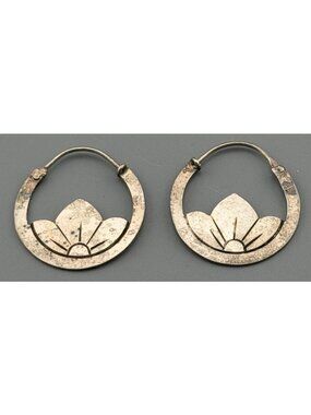 Vintage Boho Lotus Sterling Silver Hoop Earrings  Sunrise Celestial Minimalist 1